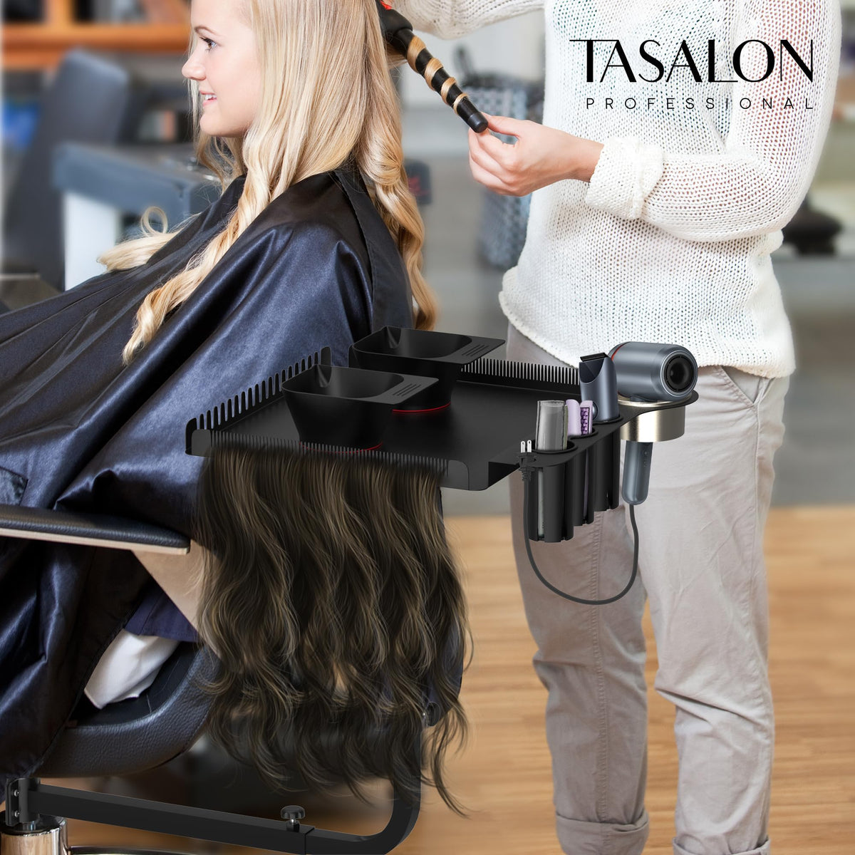 Tasalon extension station setup, placing tools and extensions within easy reach.