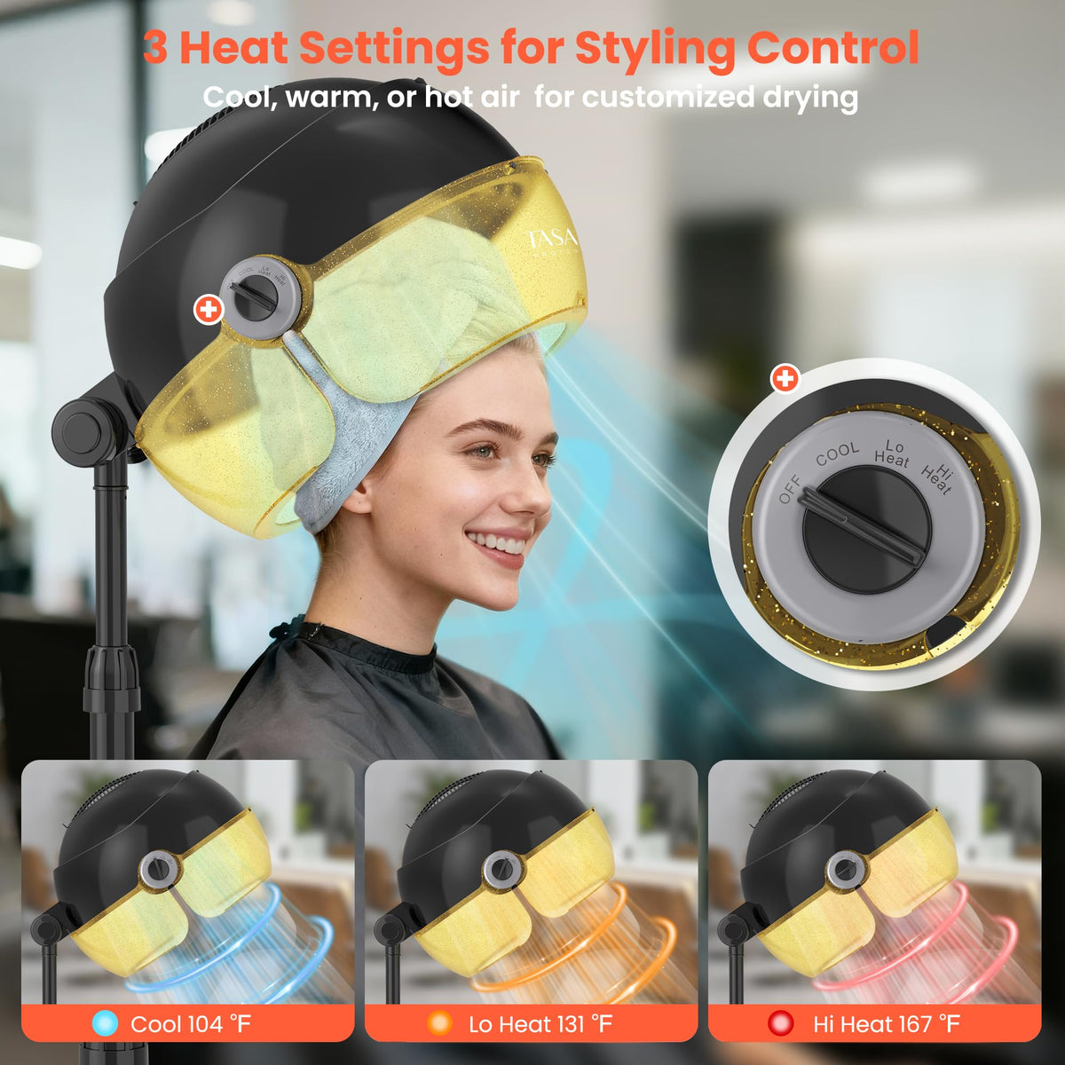 TASALON Gold adjustable-height hood supports comfortable seated drying