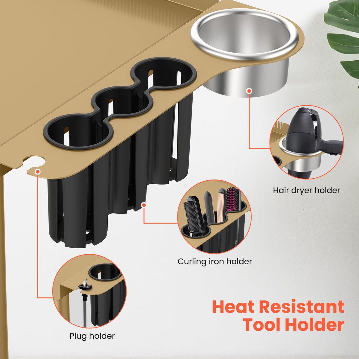 Heat-resistant tool rack keeps heated tools safe and organized during styling.