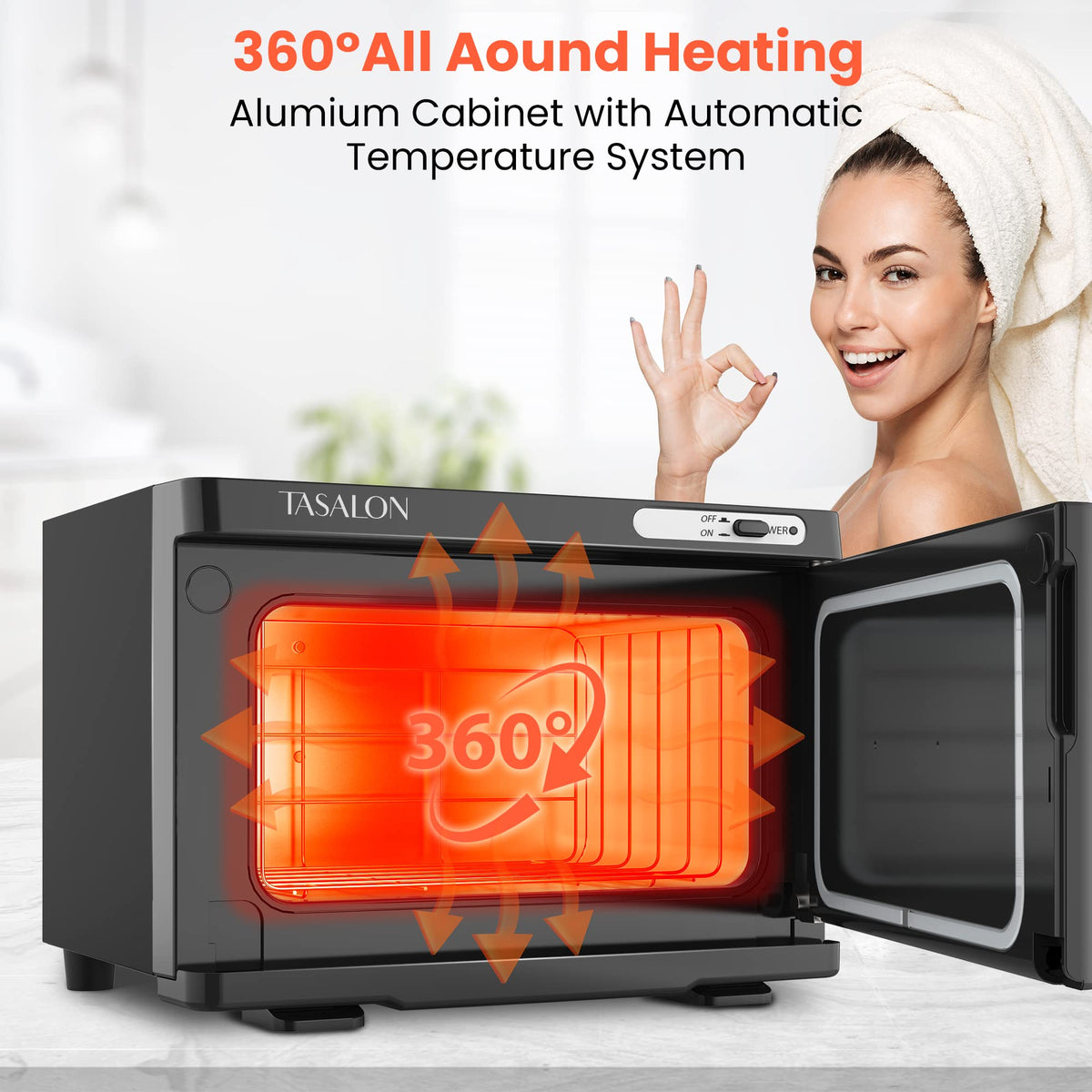 TASALON towel warmer in facial spa setup enhances client comfort