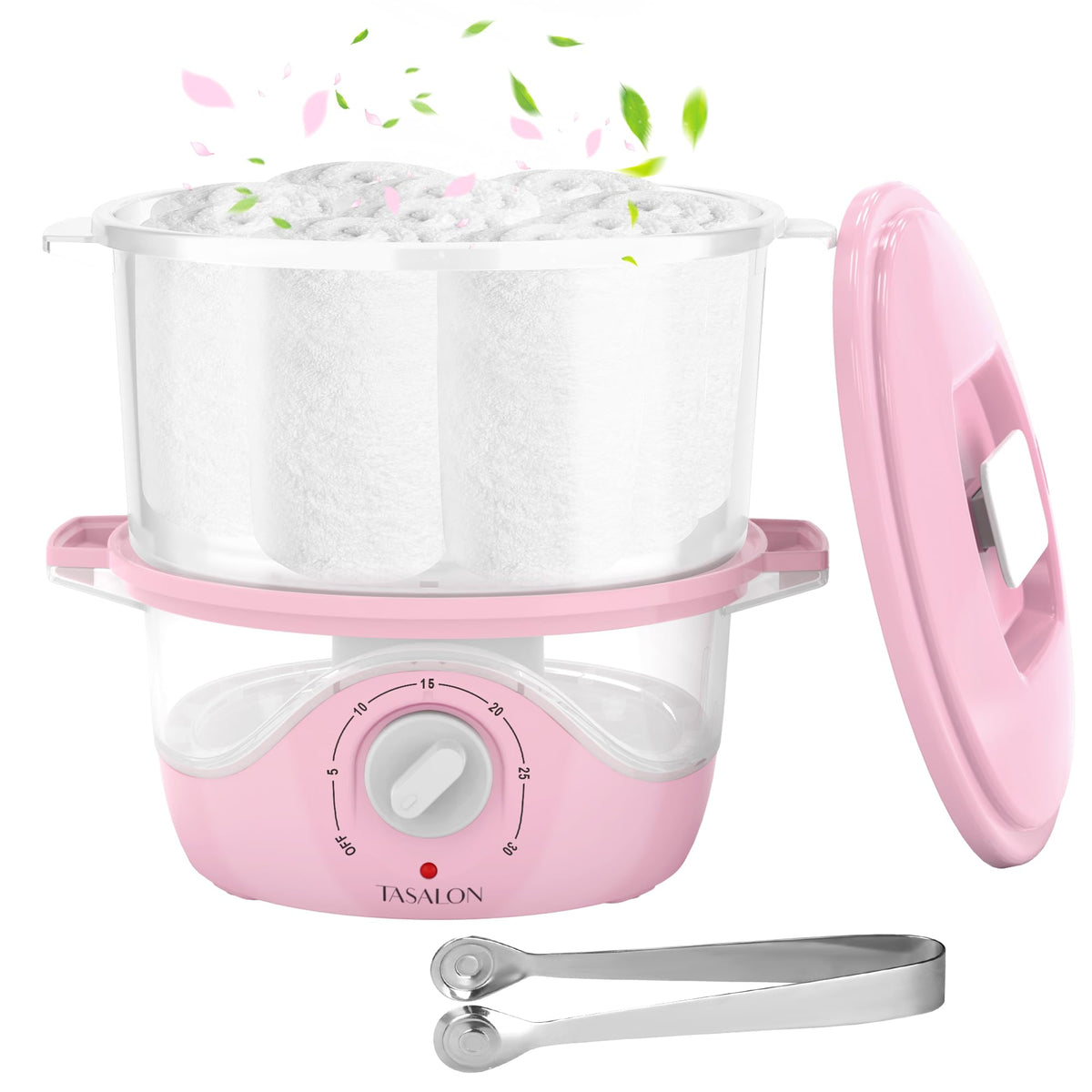 TASALON Pink Hot Towel Steamer front view highlighting rapid heat for facials.