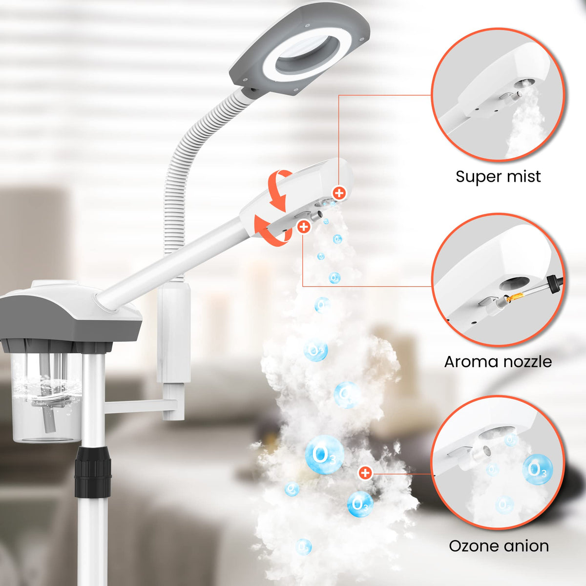 TASALON 3x magnifying lamp on steamer for detailed skin observation.