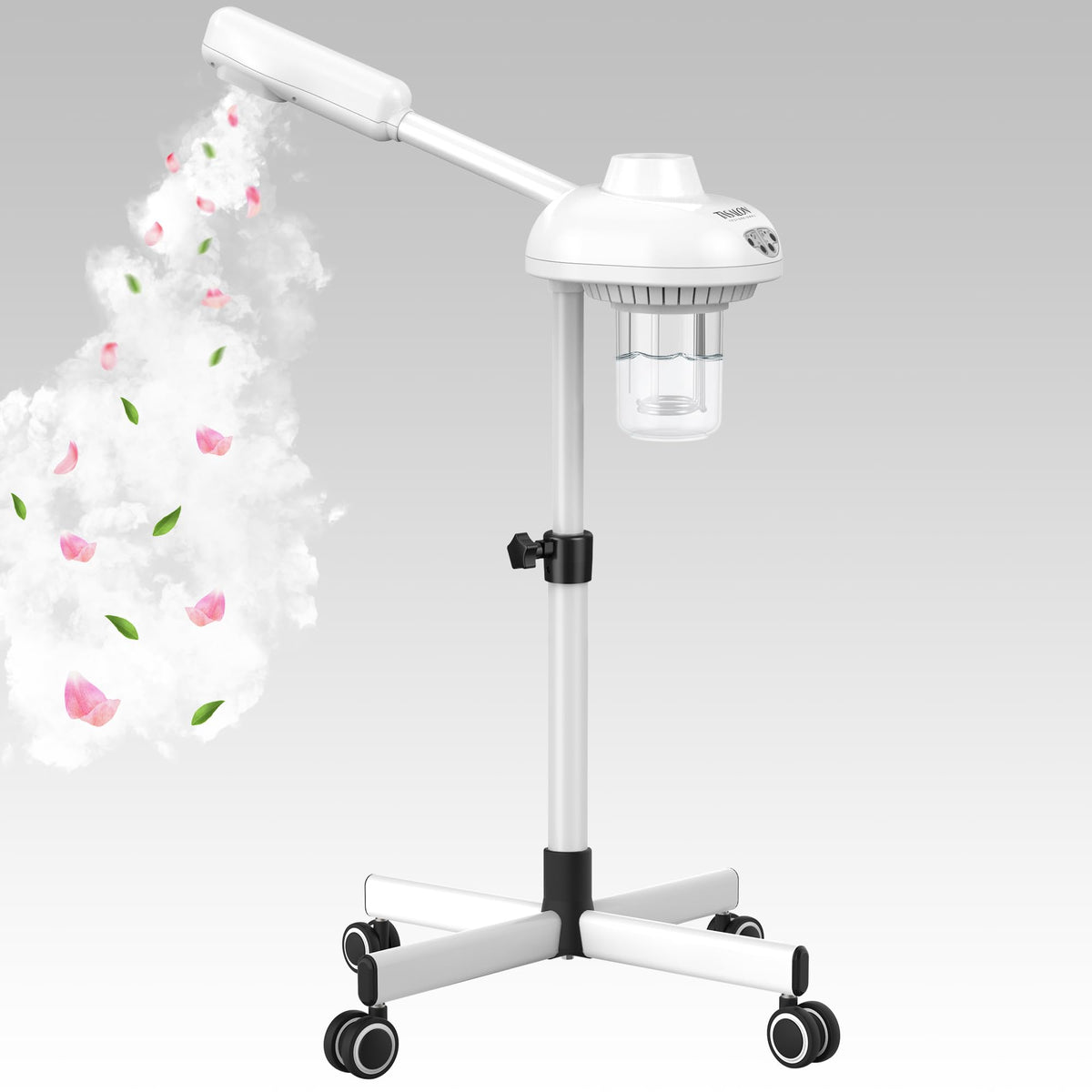 TASALON professional facial steamer on wheels for easy salon mobility.