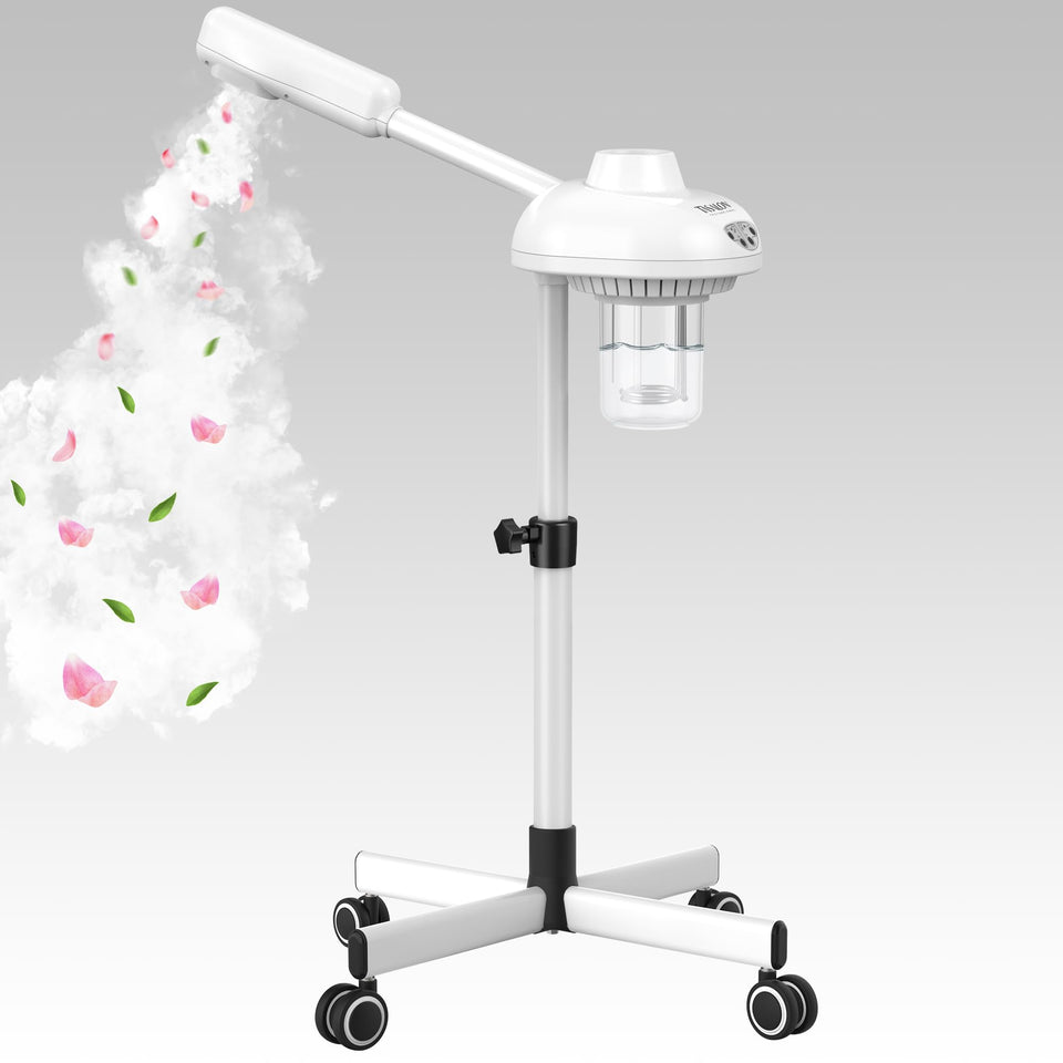 TASALON professional facial steamer on wheels for easy salon mobility.