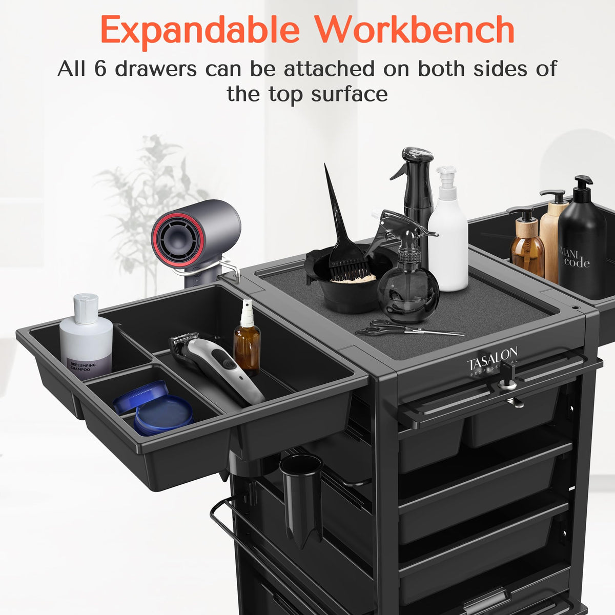 TASALON cart front view shows lockable design and easy access.