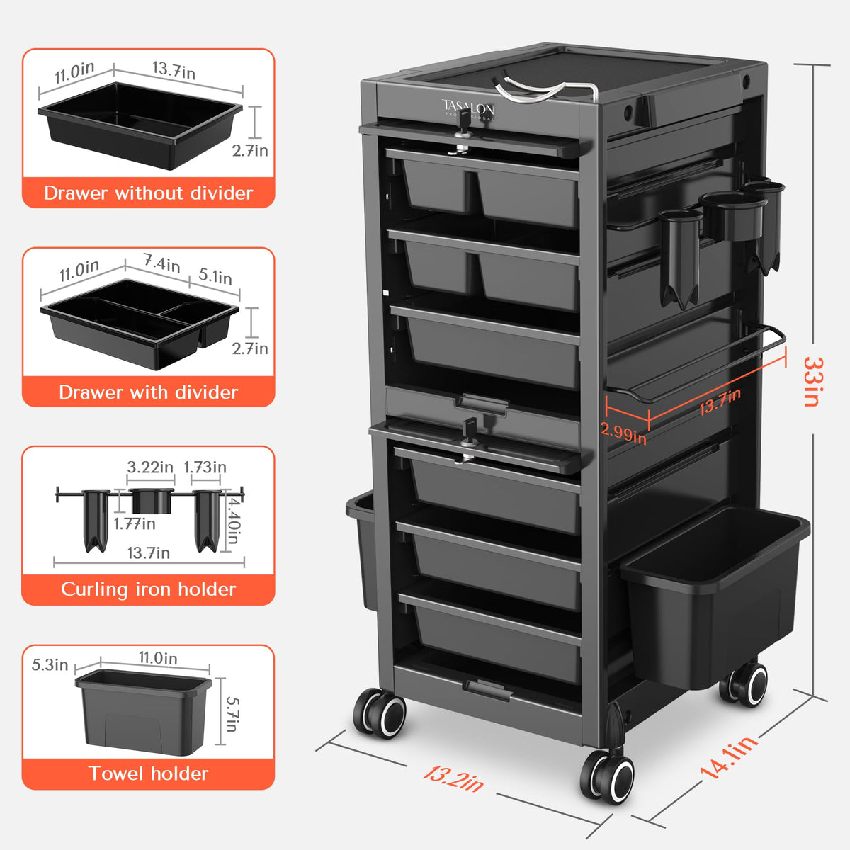 TASALON curling iron holder integrated for tidy tool storage.