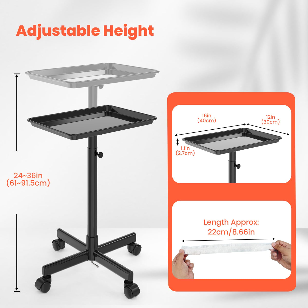 TASALON rolling salon cart adjustable height enables comfortable styling positions.