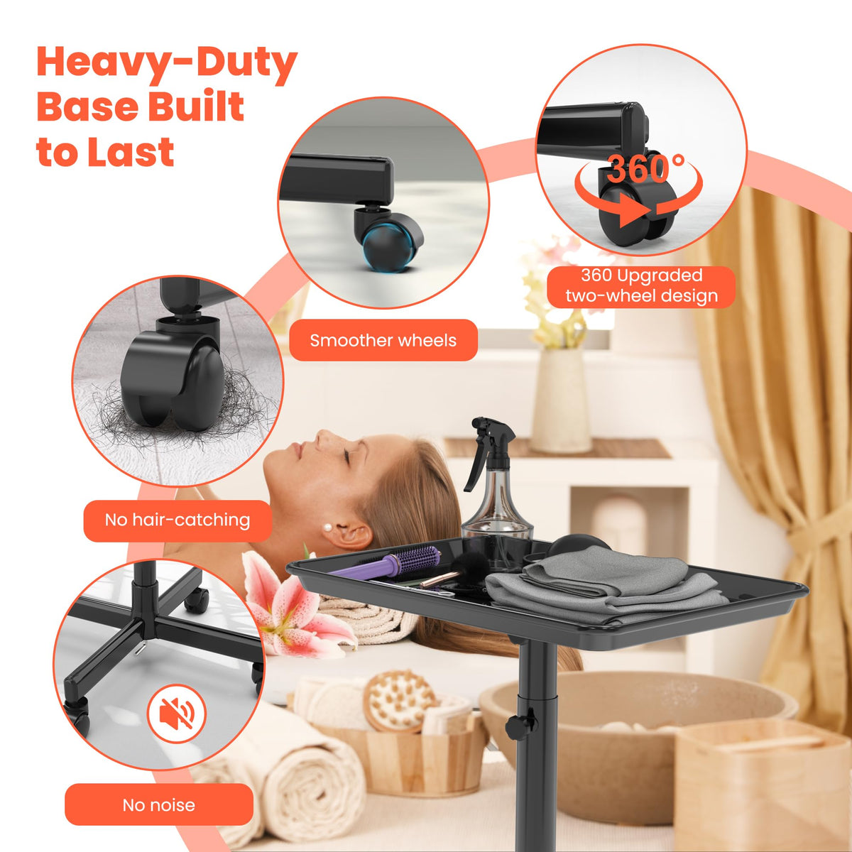 TASALON rolling salon cart cross-base design ensures stable workstation.