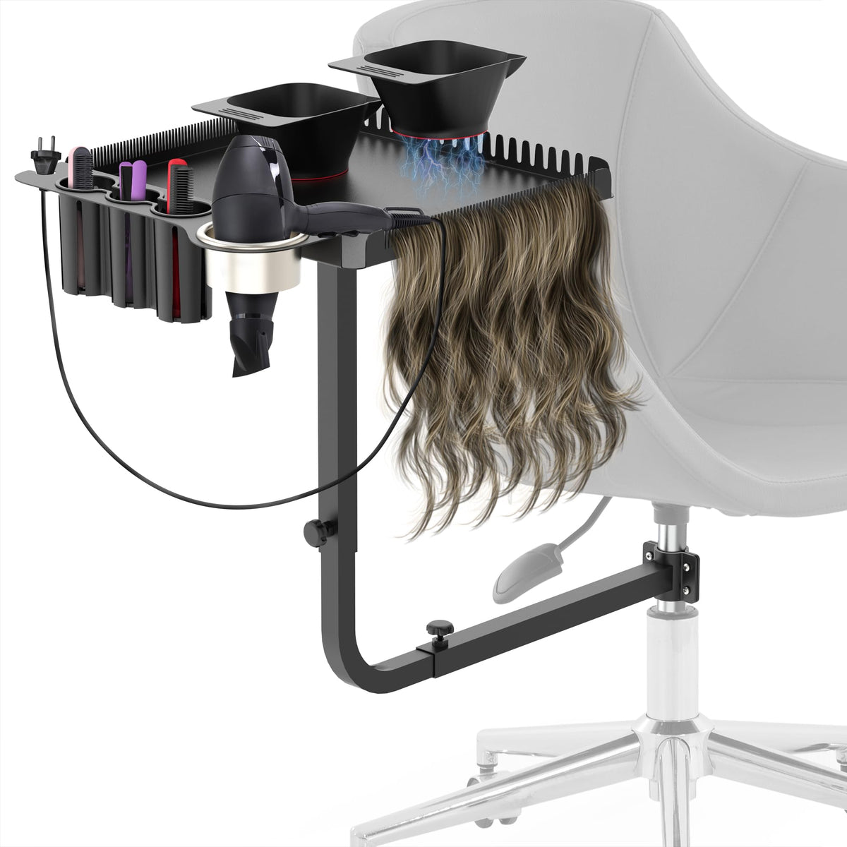 Tasalon chair-mounted hair tray attached to a salon chair for easy tool access during coloring.