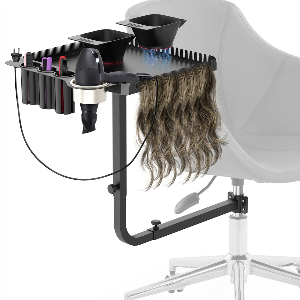 Tasalon chair-mounted hair tray attached to a salon chair for easy tool access during coloring.