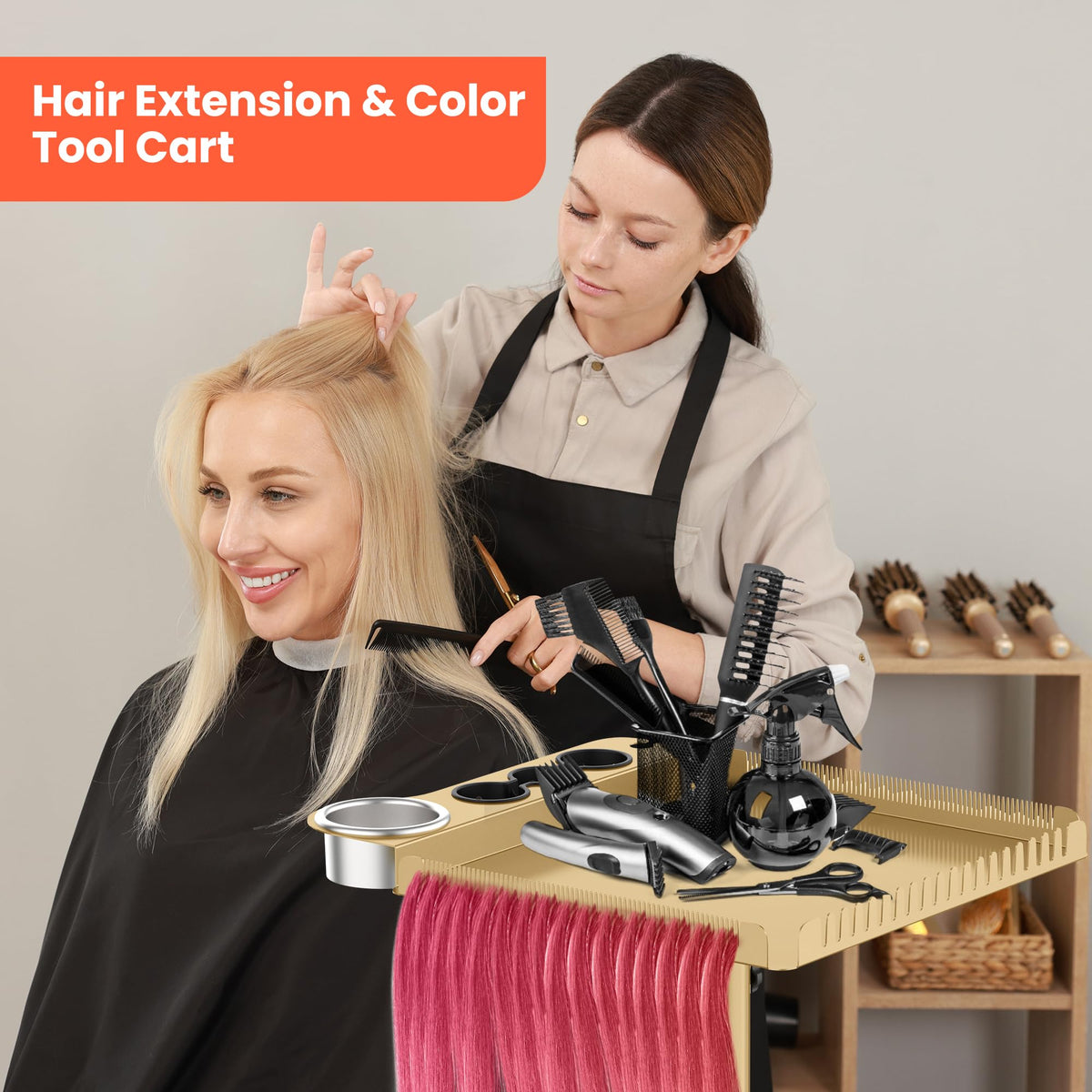 Dual-function storage streamlines salon organization for brushes, clips, and products.