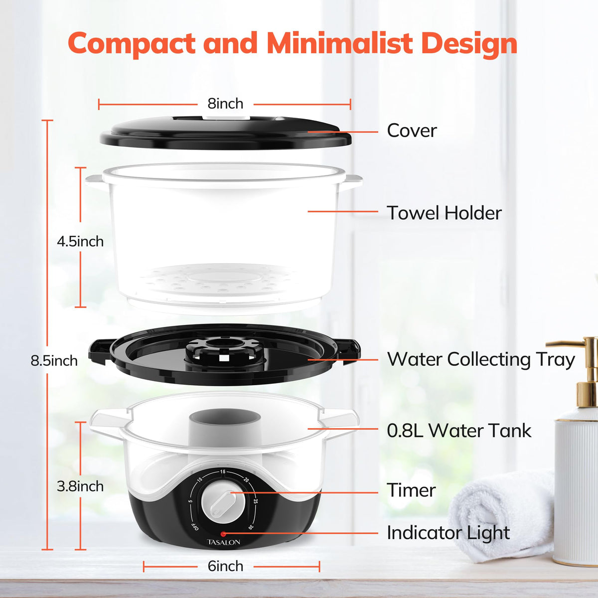 TASALON towel holder and protective cover included for tidy setup.