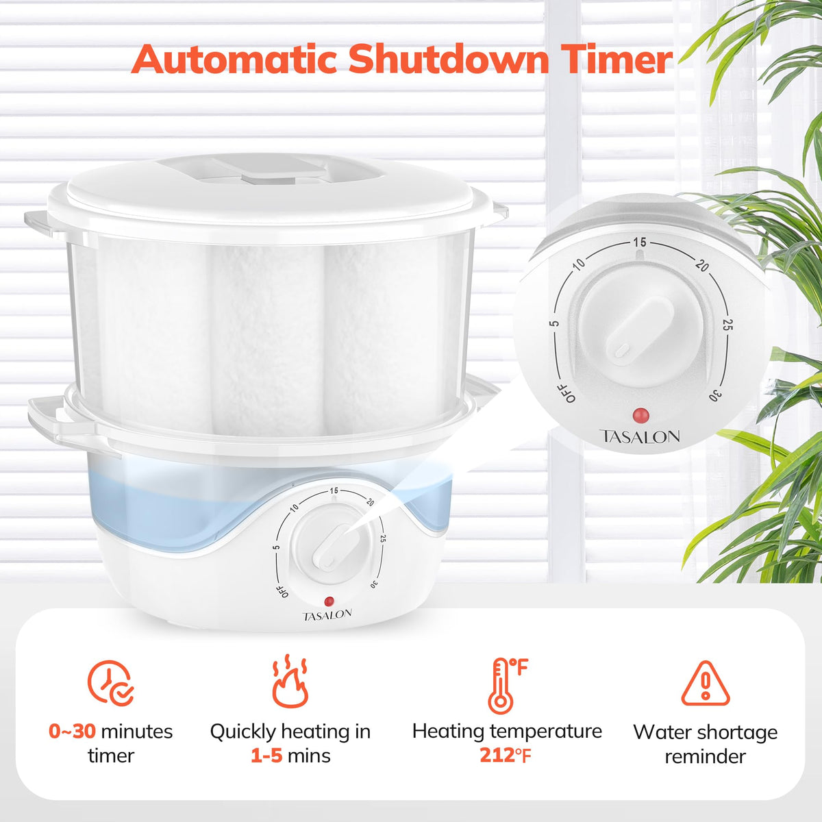 TASALON White Hot Towel Steamer water tank indicator aids quick refills.