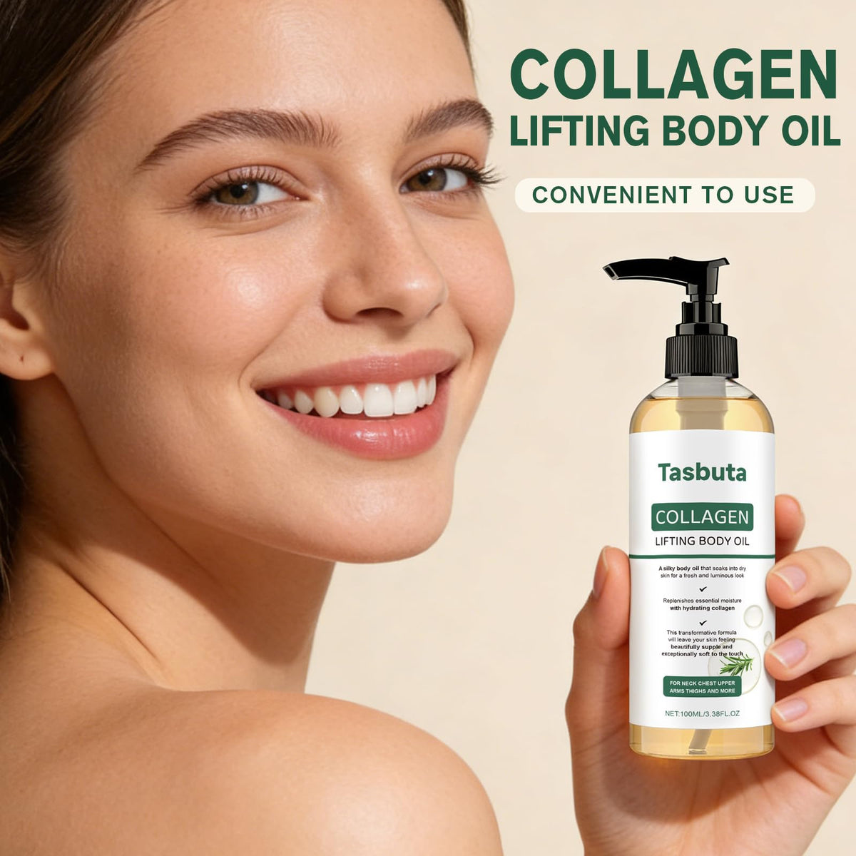 Tasbuta Collagen Lifting Body Oil dispenser shows easy application