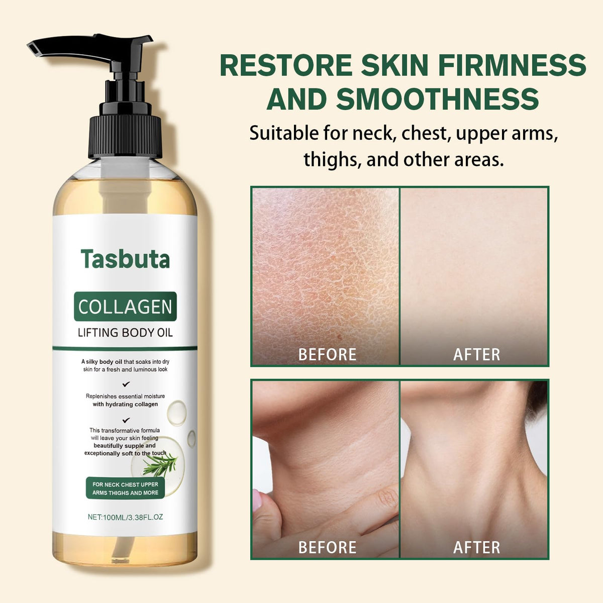 Tasbuta Collagen Lifting Body Oil on neck and chest area for multitarget care