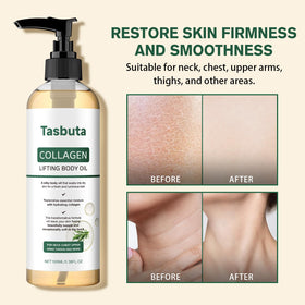 Tasbuta Collagen Lifting Body Oil on neck and chest area for multitarget care