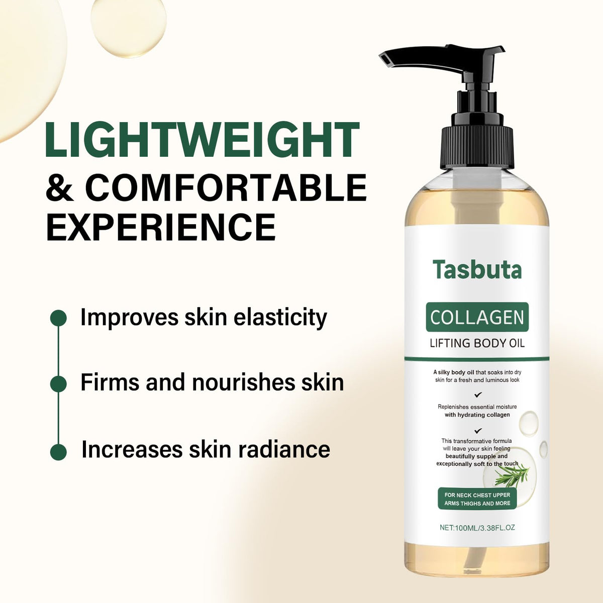 Tasbuta Collagen Lifting Body Oil closeup highlights non-greasy finish