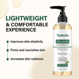 Tasbuta Collagen Lifting Body Oil closeup highlights non-greasy finish
