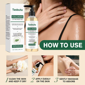 Tasbuta Collagen Lifting Body Oil on arms and thighs nourishes crepey skin