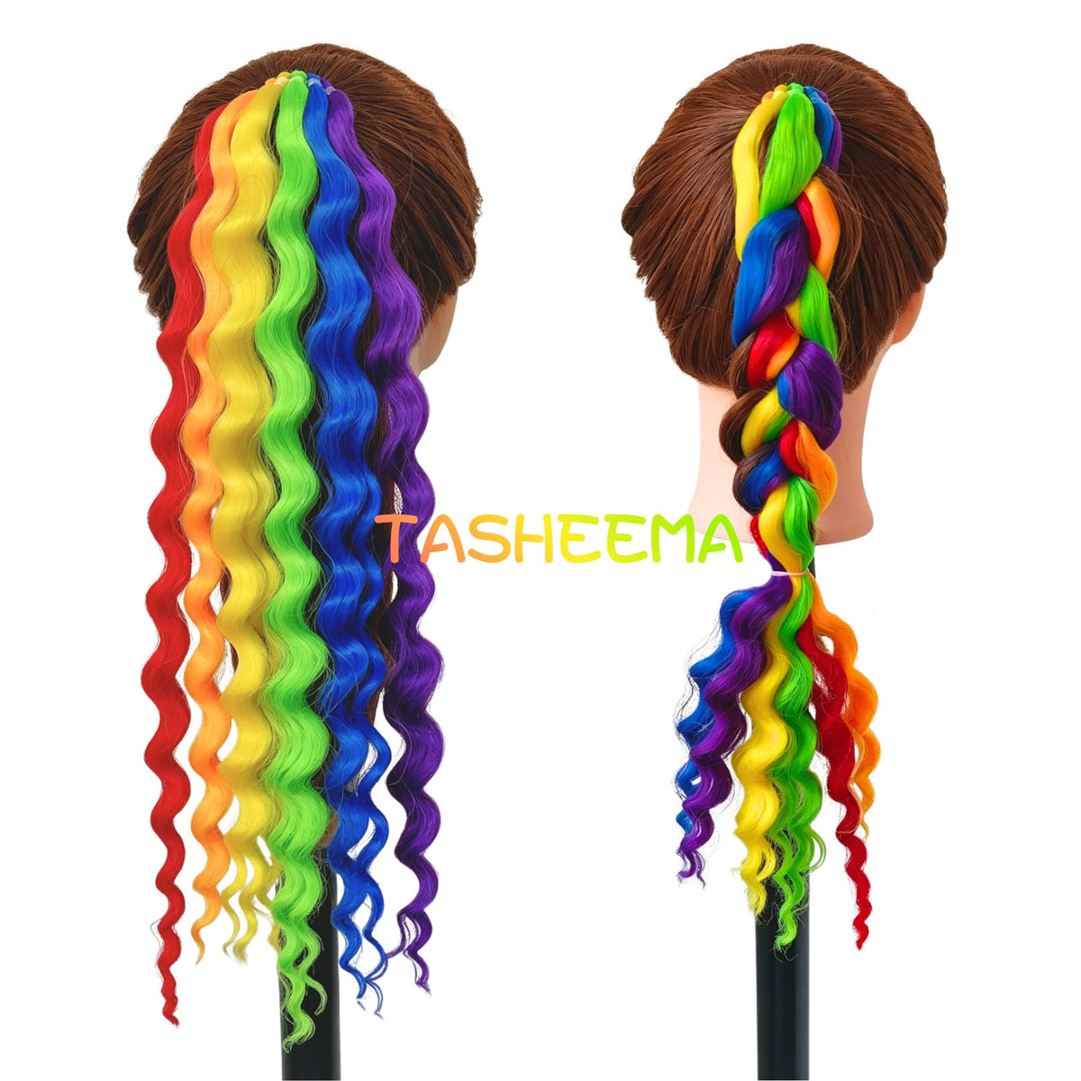 TASHEEMA rainbow extensions attachment hair tie demonstrates quick-secure wear