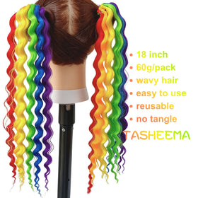 TASHEEMA model wearing rainbow extensions shows full-bodied back view