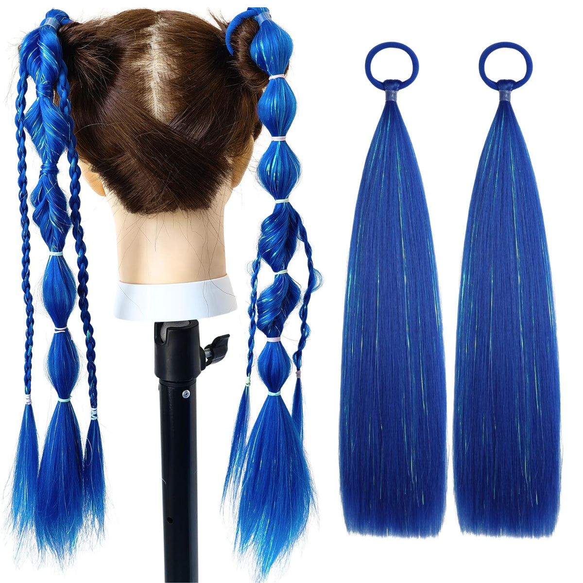 TASHEEMA Royal Blue Ponytail Extensions show vibrant color and sparkle for festival looks.