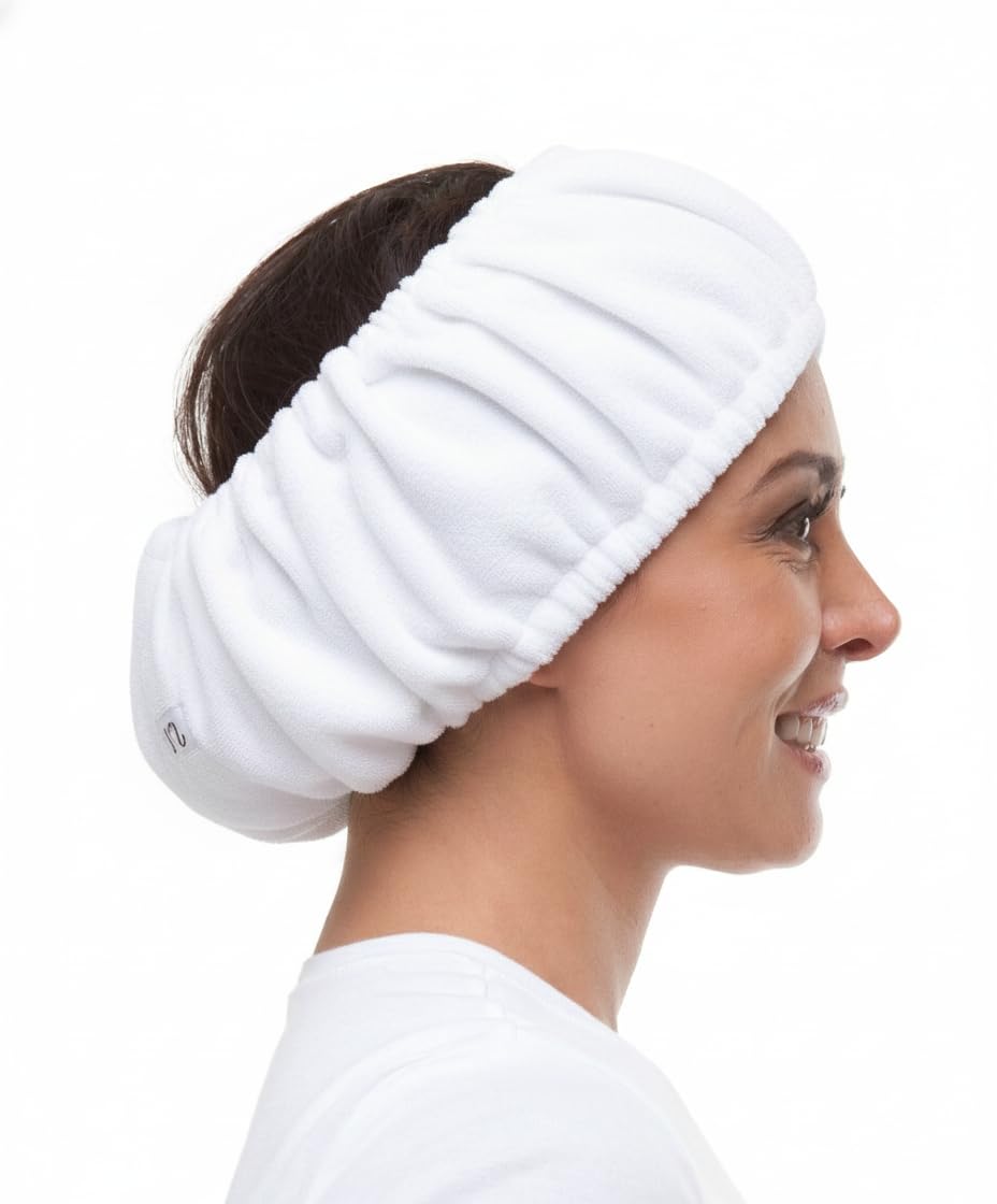 TASSI white hair holder head wrap closeup in soft terry cloth.