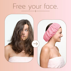 TASSI white head wrap on model keeps hair away from face.