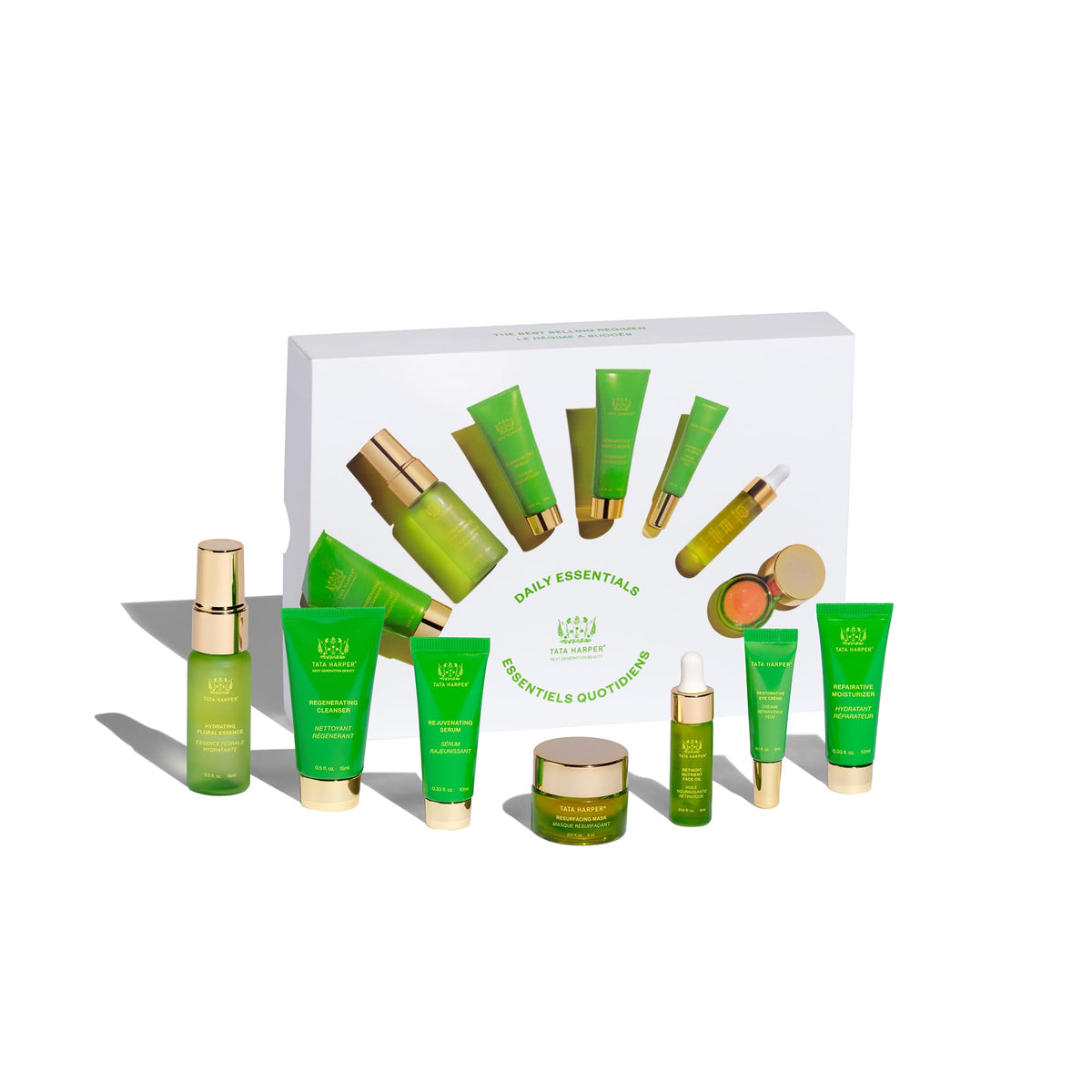 Tata Harper Daily Essentials Set packaging display, travel-friendly starter kit for on-the-go skincare.