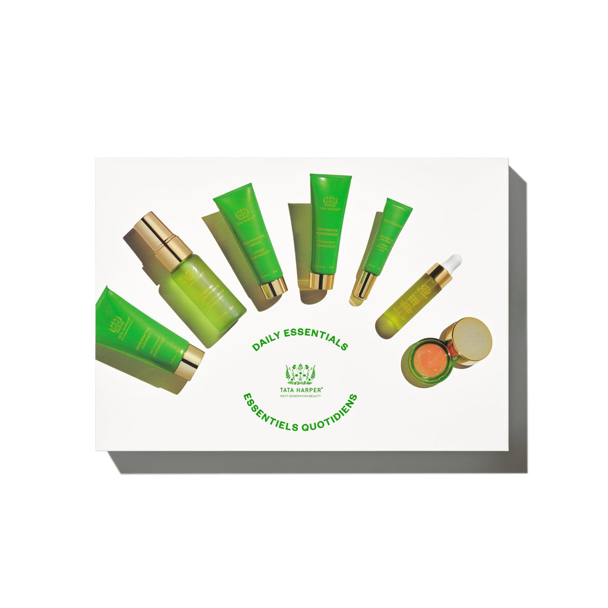 Travel case display with Tata Harper essentials organized for easy daily routine.