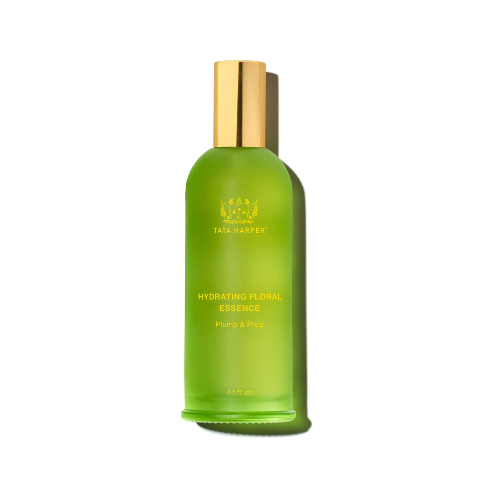 Tata Harper Hydrating Floral Essence bottle close-up showing premium packaging and clarity