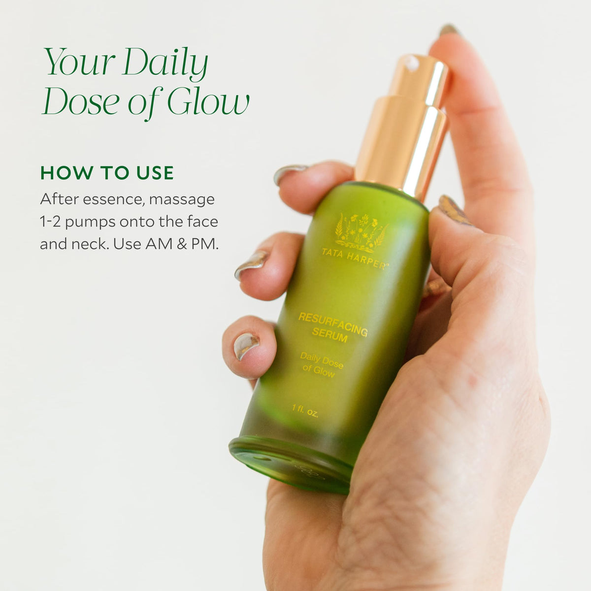 Apply-on-skin moment with Tata Harper Serum producing an even glow