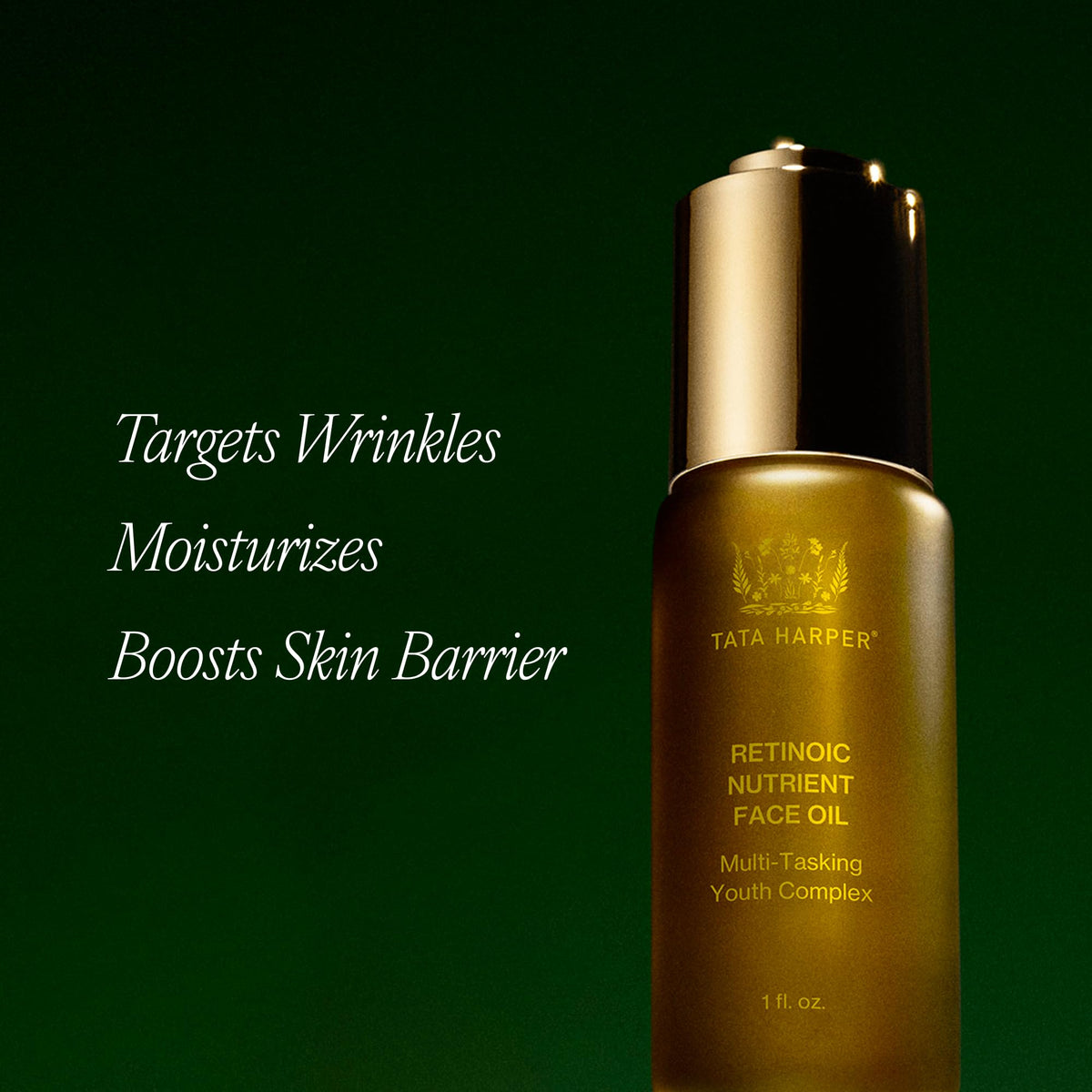 Close-up of Tata Harper Retinoic Nutrient Face Oil texture for smooth skin.