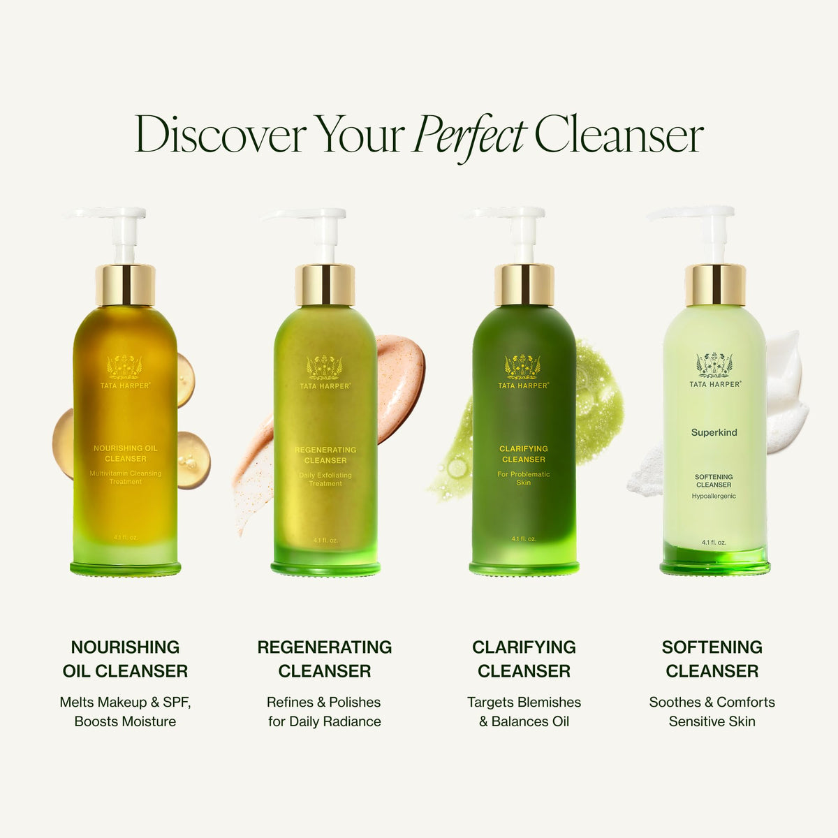 Fragrance-free packaging on Tata Harper Softening Cleanser for fragrance-sensitive routines.