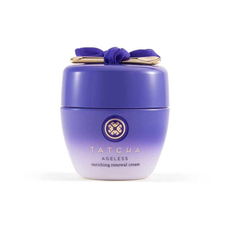 TATCHA Ageless Enriching Renewal Cream jar shows rich texture for deep hydration.