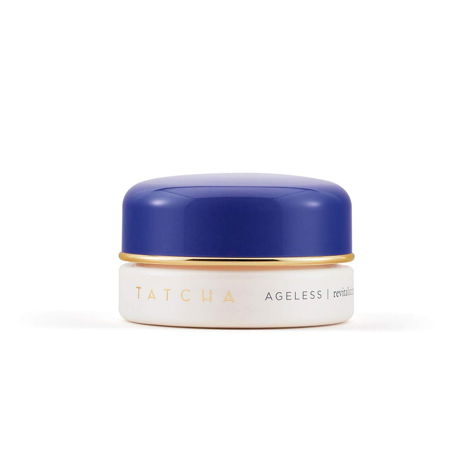 TATCHA Ageless Revitalizing Eye Cream jar closeup showing rich, hydrating texture.