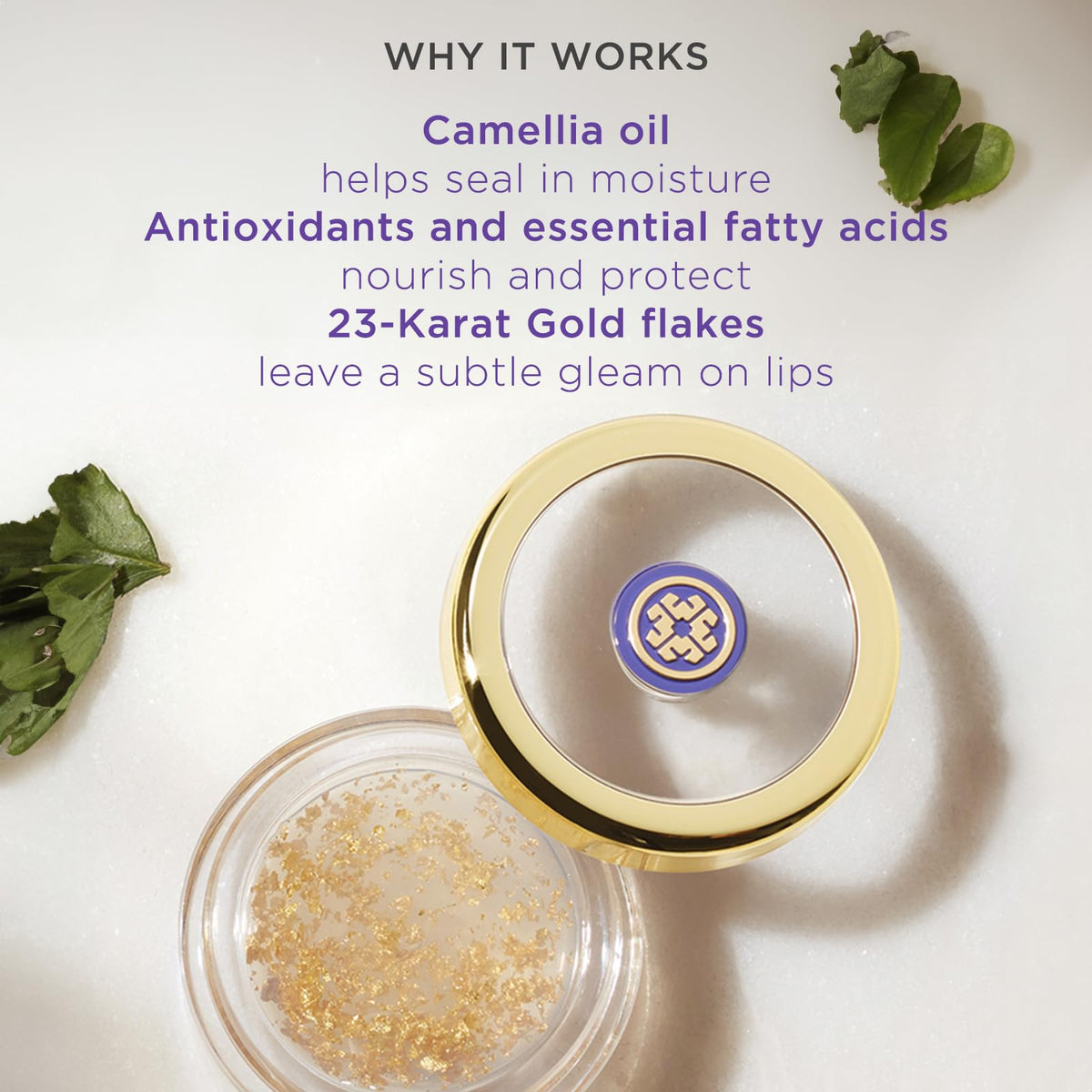 TATCHA Camellia Gold Spun Lip Balm closeup showing rich texture and 23-karat shimmer.