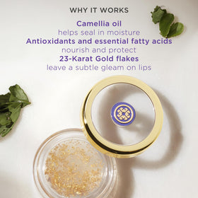 TATCHA Camellia Gold Spun Lip Balm closeup showing rich texture and 23-karat shimmer.