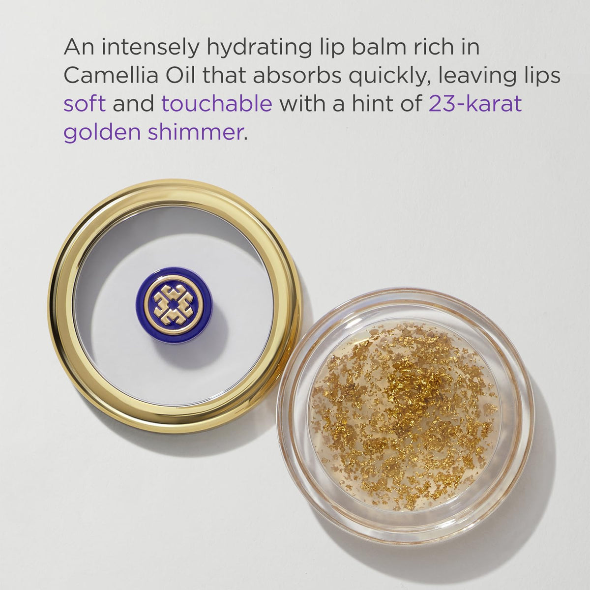 TATCHA Camellia Gold Spun Lip Balm swirl with gold flakes for a luxe lip touch.