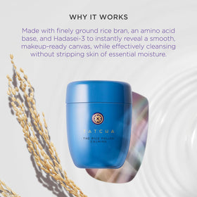 Tatcha Hadasei-3 ingredients display green tea, rice, algae for radiant-looking skin.