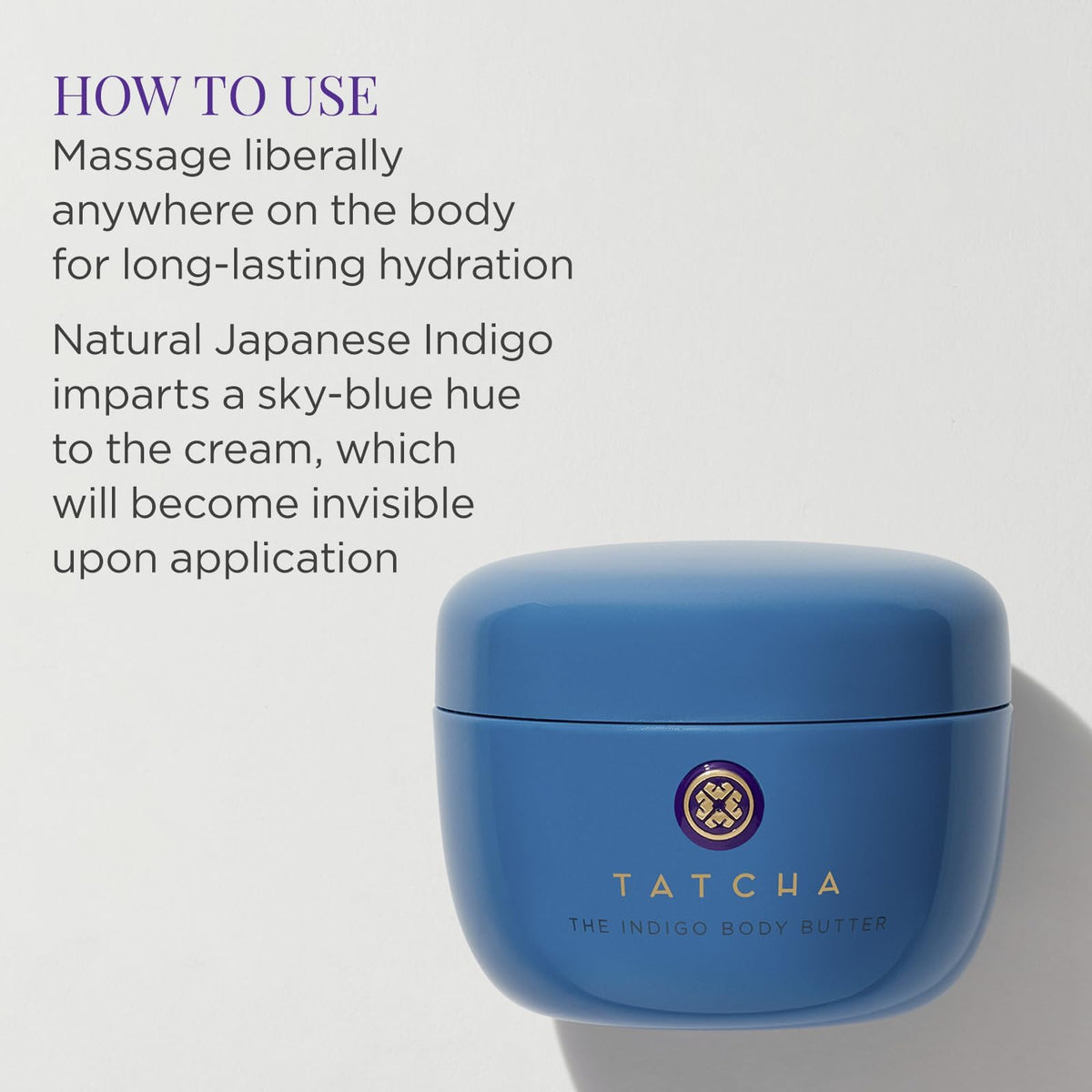 TATCHA Indigo Body Butter application swatch on skin demonstrates smooth, quick absorption.