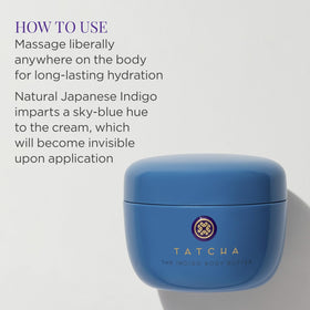 TATCHA Indigo Body Butter application swatch on skin demonstrates smooth, quick absorption.