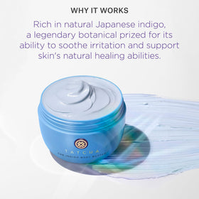 TATCHA Indigo Body Butter with indigo extract illustration highlighting soothing skin benefits.