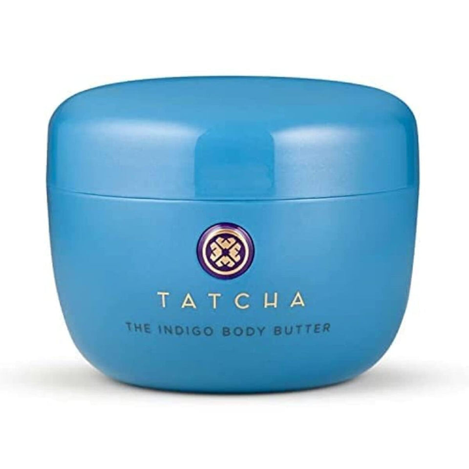 TATCHA Indigo Body Butter jar close-up showing rich cream for sensitive skin.