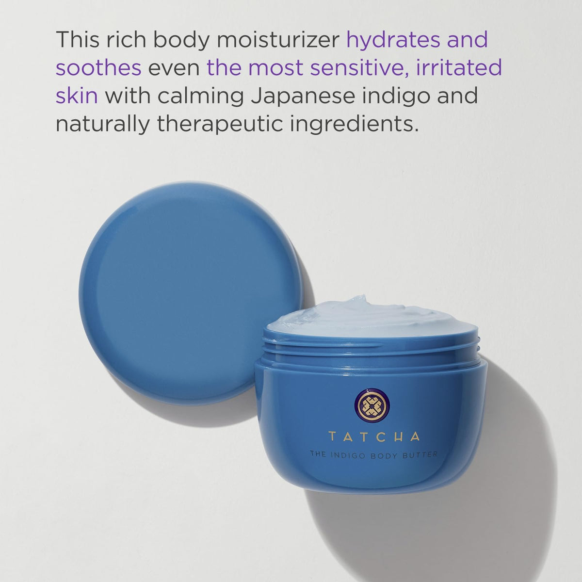 TATCHA Indigo Body Butter texture close-up emphasizing cushiony, velvety hydration.