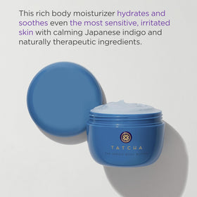 TATCHA Indigo Body Butter texture close-up emphasizing cushiony, velvety hydration.