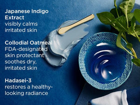 TATCHA Indigo Calming Cream applied on cheek for soothing hydration.