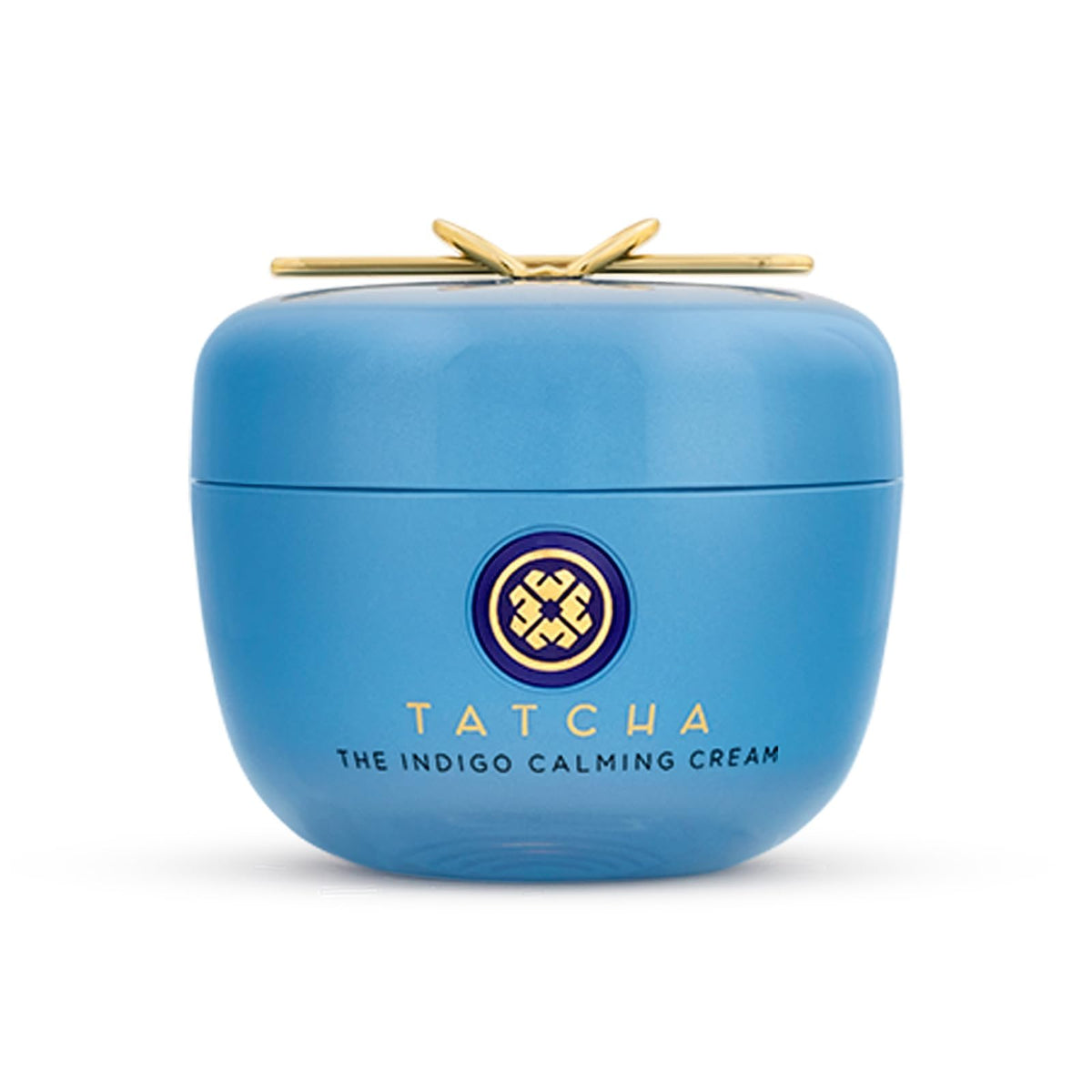TATCHA Indigo Calming Cream packaging close-up highlighting fragrance-free soothing care for sensitive skin.