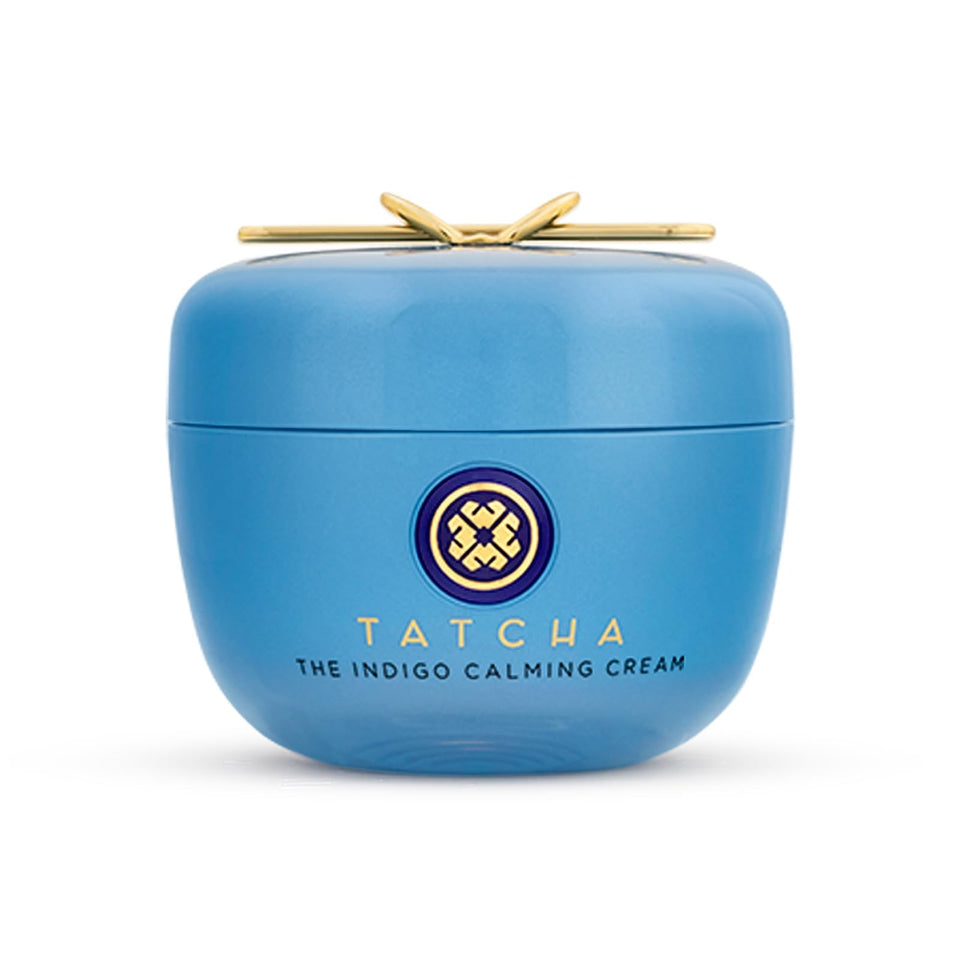 TATCHA Indigo Calming Cream packaging close-up highlighting fragrance-free soothing care for sensitive skin.