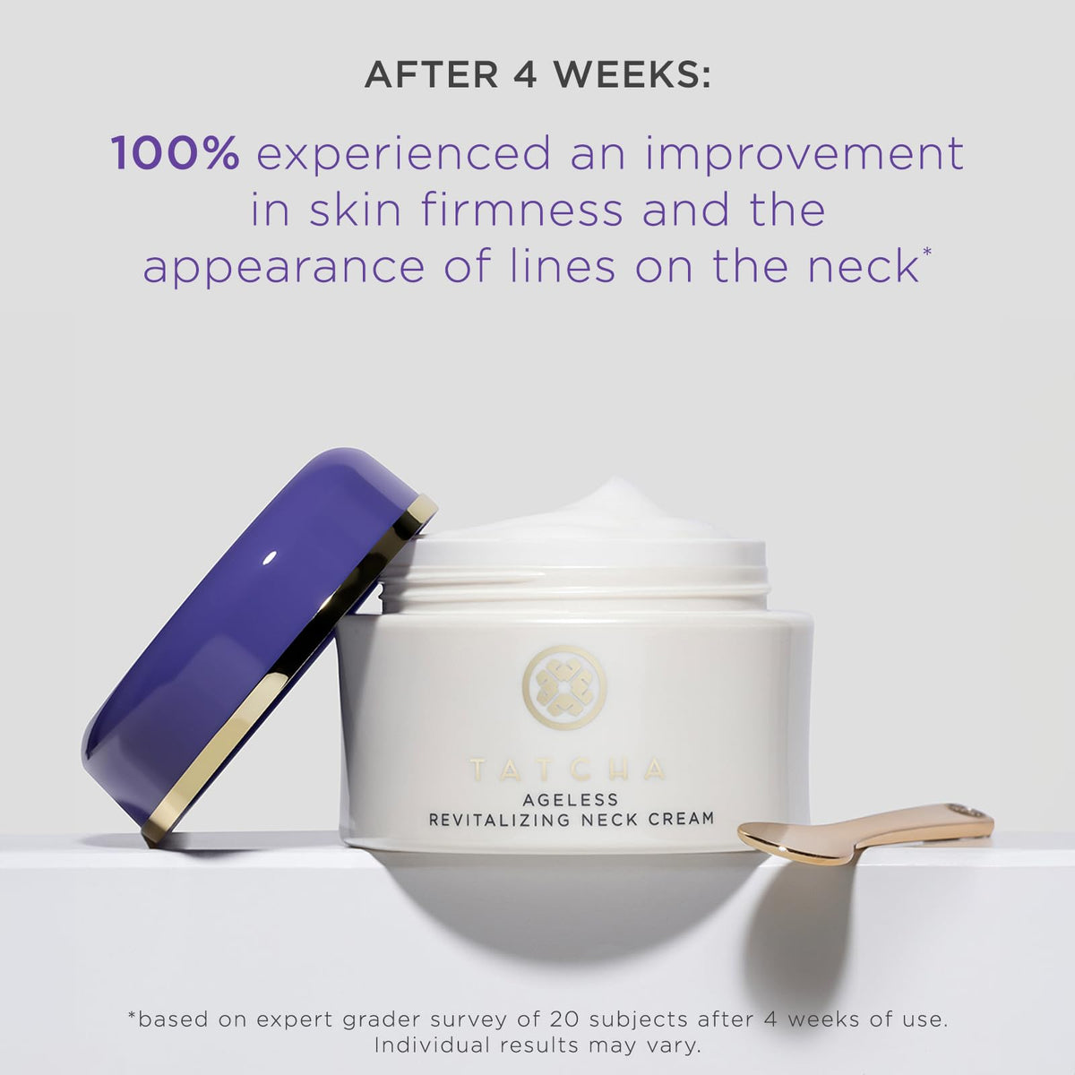 TATCHA Revitalizing Neck Cream jar close-up highlighting antioxidant-rich formula.
